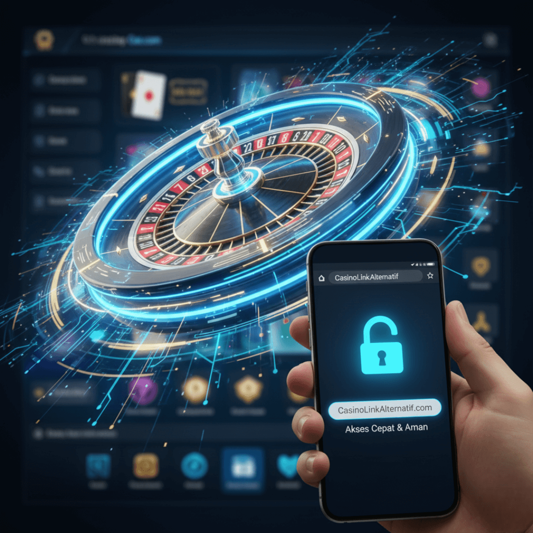 Roda roulette berputar cepat dengan smartphone menampilkan ikon link aman, melambangkan permainan anti-lag dan akses mudah.