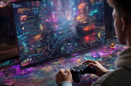 Gamer fokus bermain arcade game di Hokijoss, grafis neon futuristik, level klasik dan modern, mengejar leaderboard global.