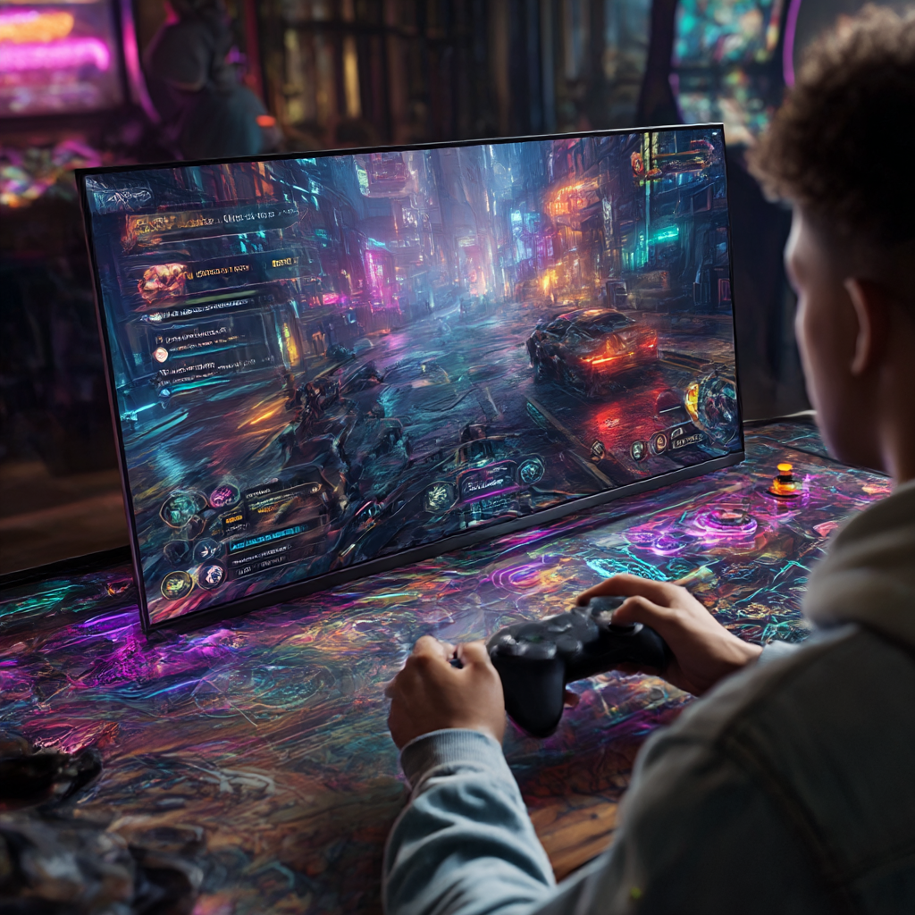 Gamer fokus bermain arcade game di Hokijoss, grafis neon futuristik, level klasik dan modern, mengejar leaderboard global.