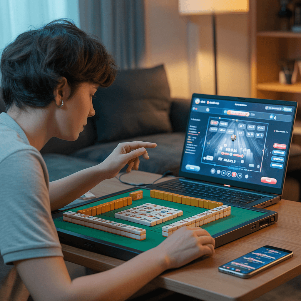 Pemain bermain Mahjong online di laptop dengan smartphone di samping, menikmati pengalaman interaktif dan seru di platform modern Win11bet
