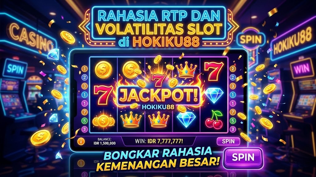 Gambar slot online di Hokiku88 menampilkan RTP dan volatilitas dengan mesin slot, koin, jackpot, dan lampu neon